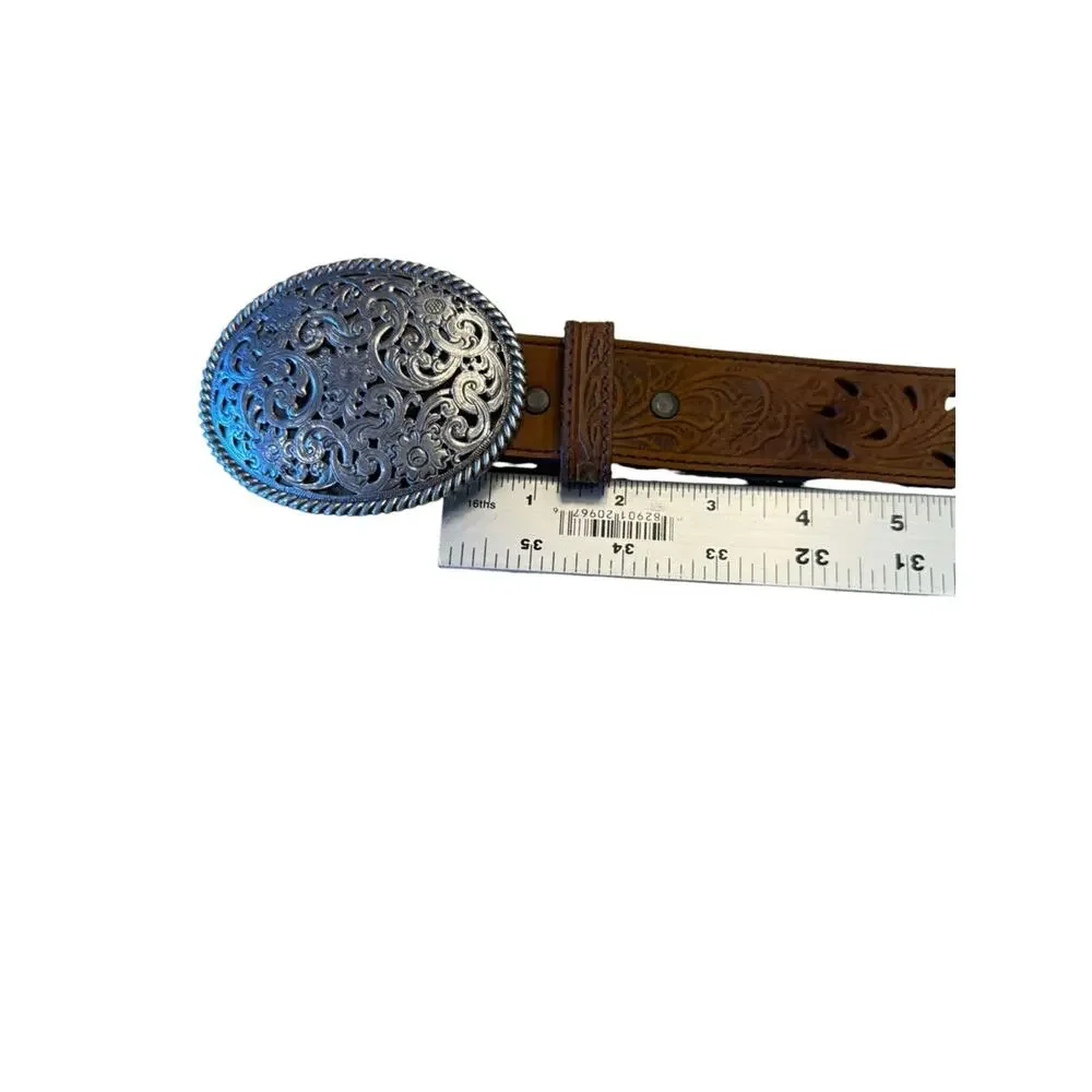 Tony Lama Size 26 Tooled Leather Belt with Filigree Silver-Tone Oval Buckle